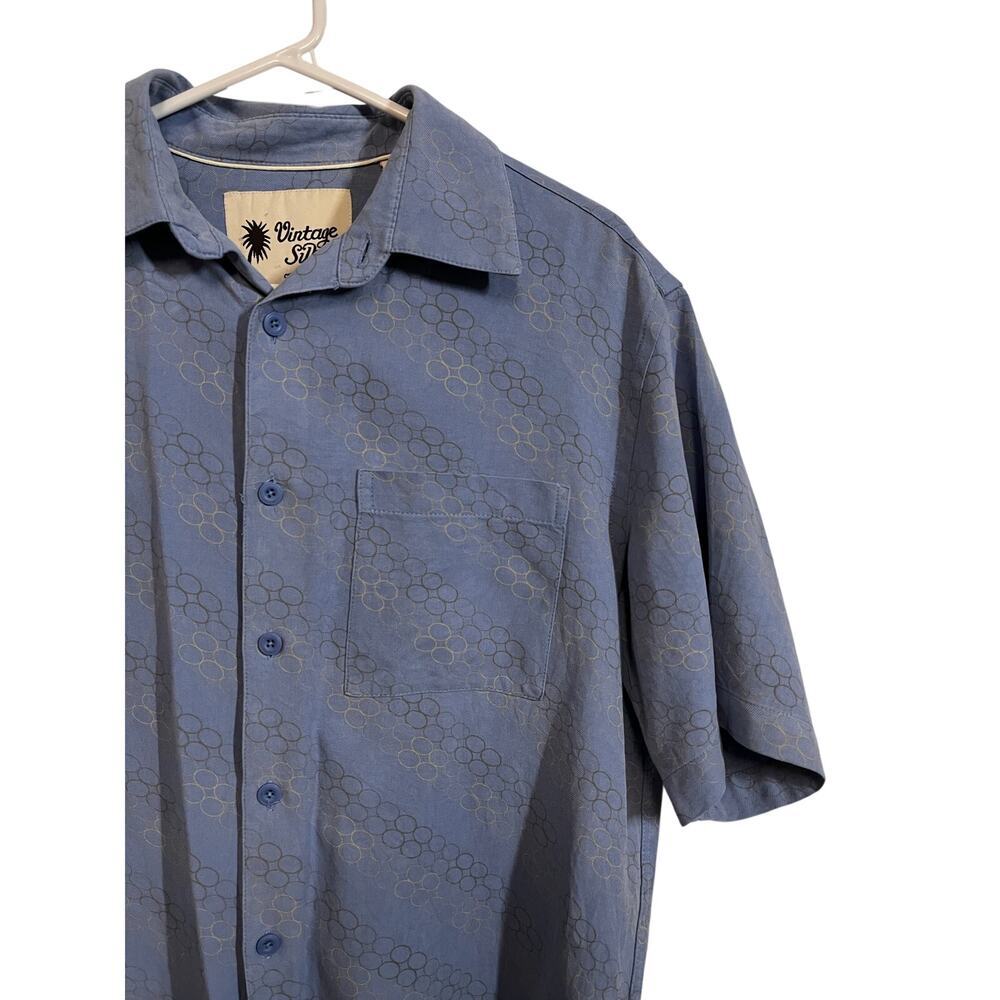 Vintage Silk Button Up Shirt Mens Medium Blue Abstract Print 100% Silk Retro